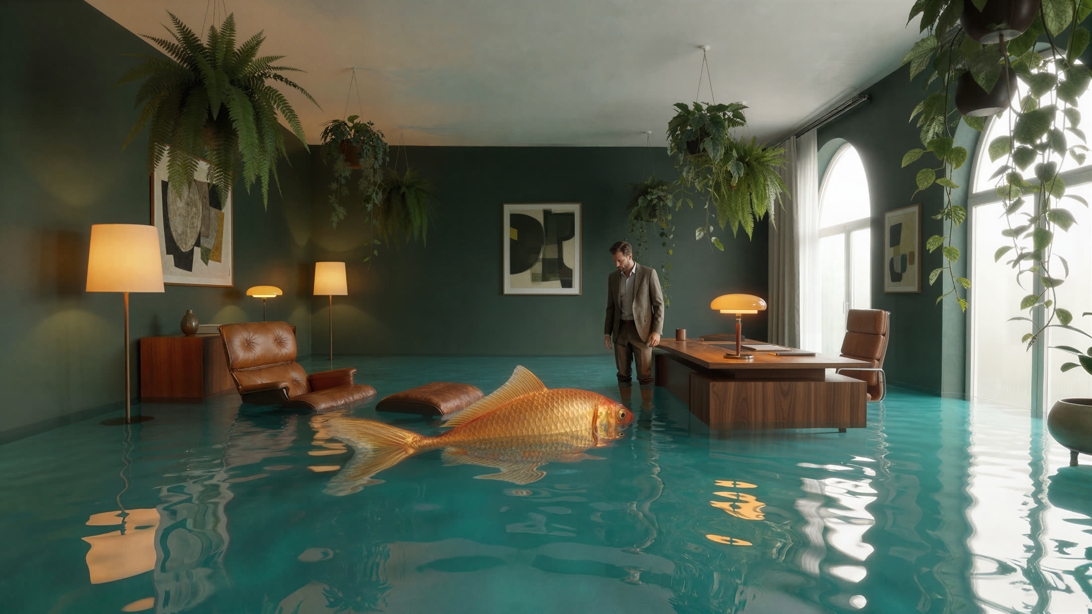 A giant goldfish glides through a flooded green office while a man watches from his desk